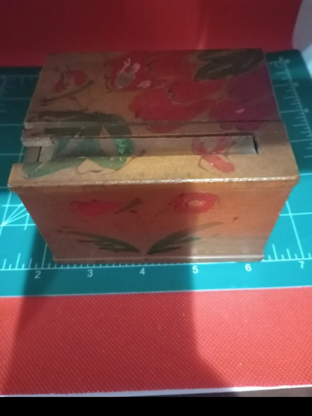 Hand-Painted Antique Wooden Cigarette dispenser with Floral Motif - Red & Green
